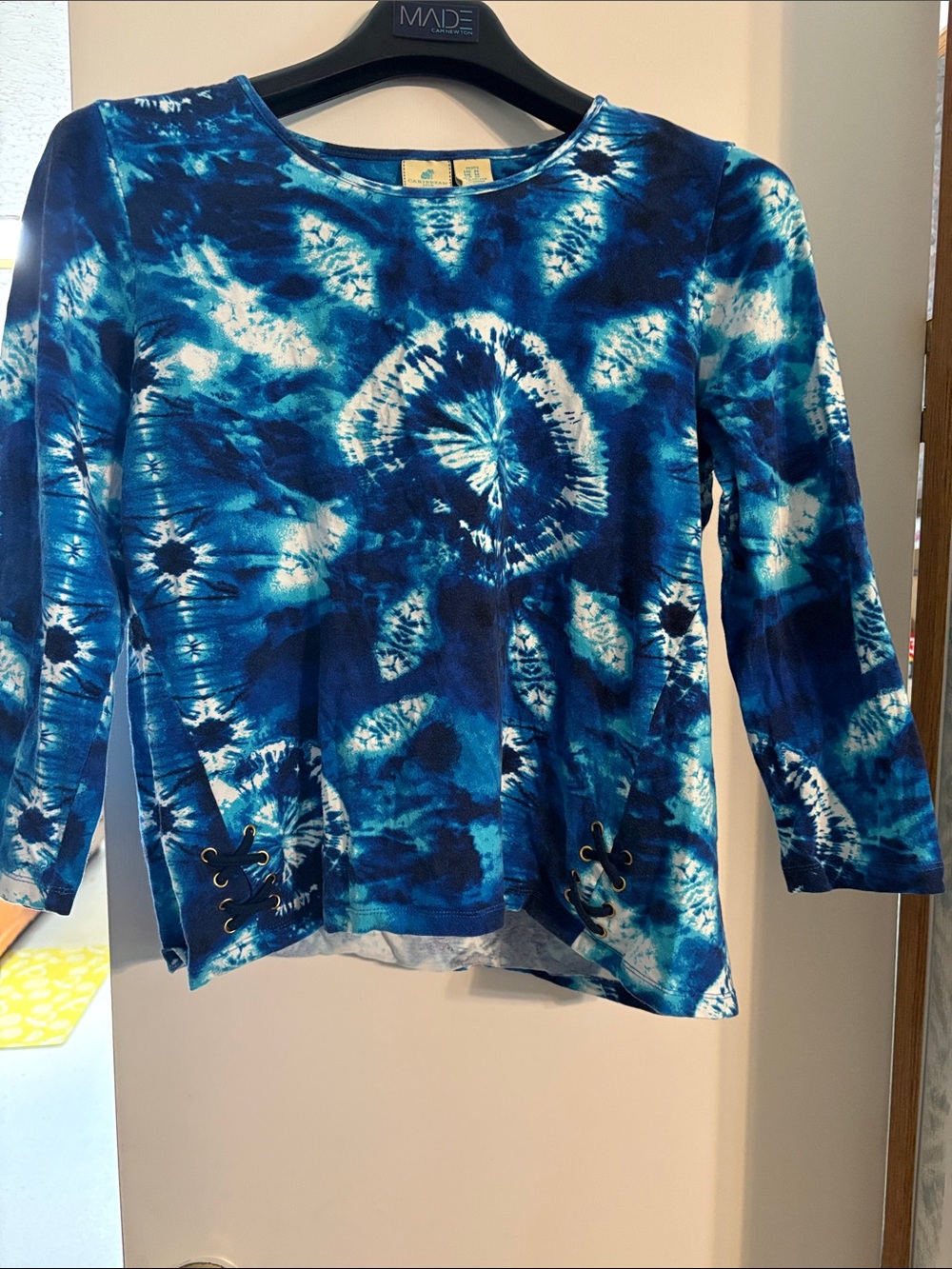 Caribbean Joe Tie-Dye Blue Women's Long Sleeve Top with Lace-Up Hem